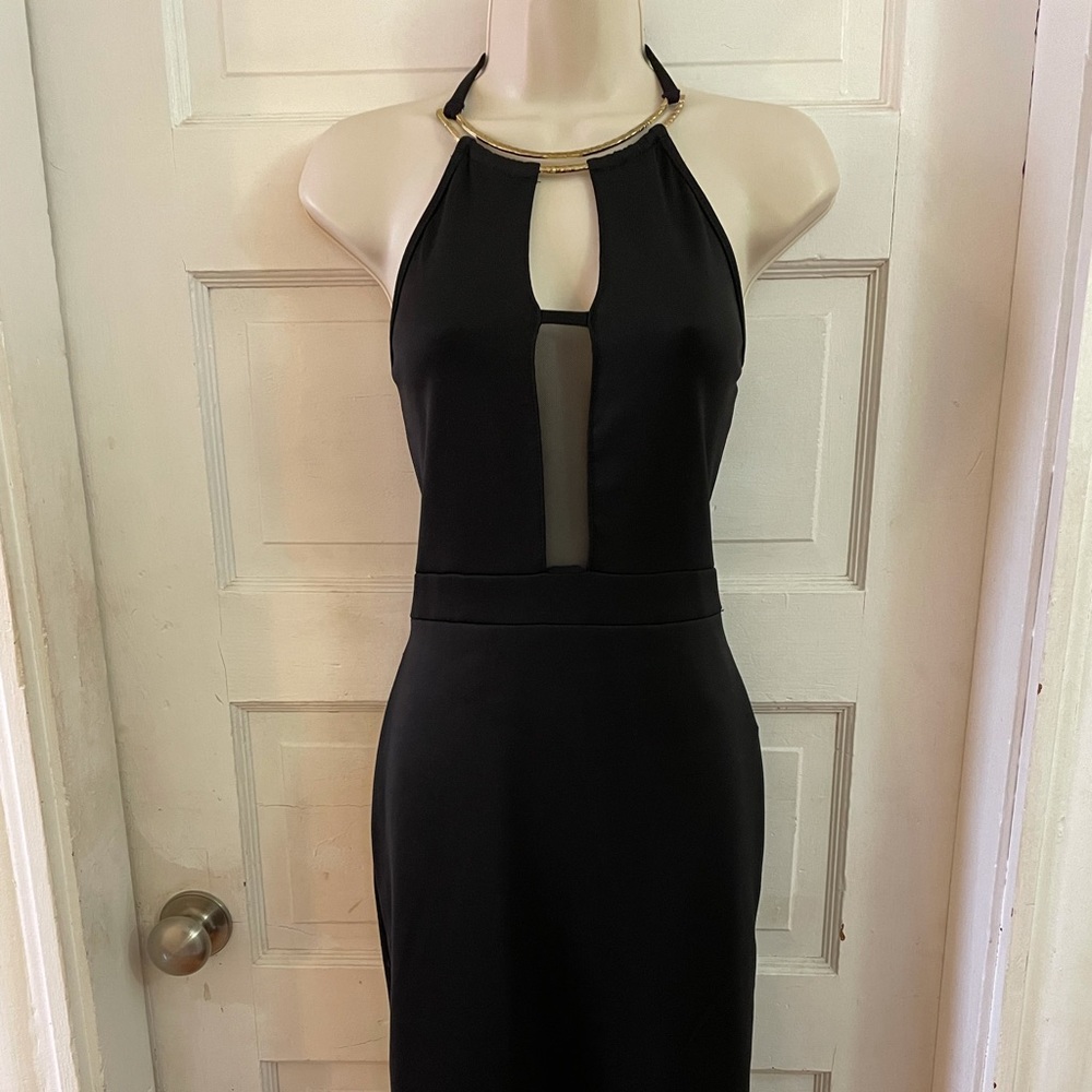 Sheer front cocktail dress with gold neck collar